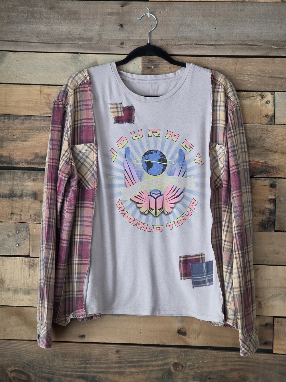 Upcycled Journey Graphic T-shirt With Long Sleeve  Pink/Beige Plaid